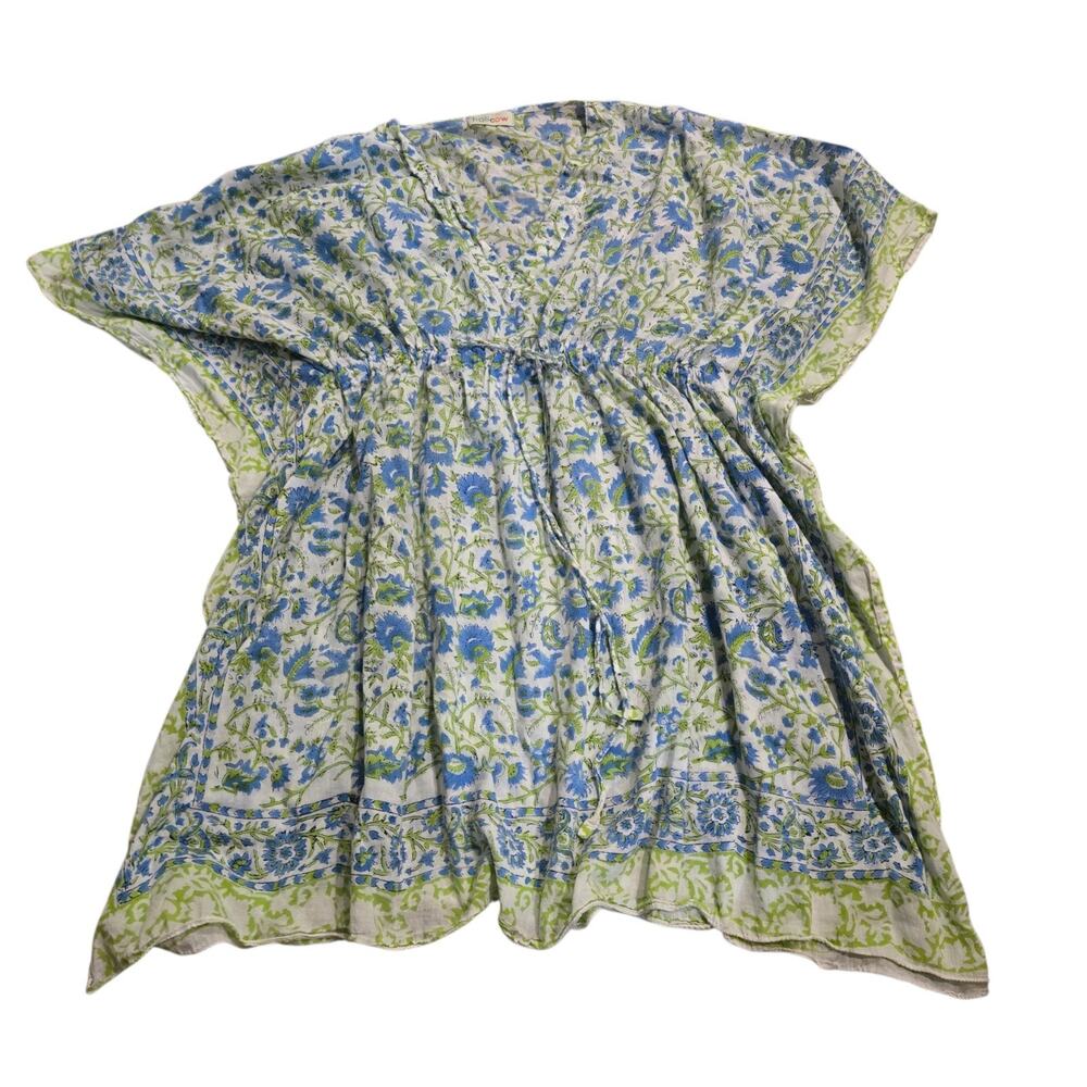 Holicow India Cotton Floral Kaftan Blouse One Size Boho Blue Green Tunic Top - Picture 2 of 8